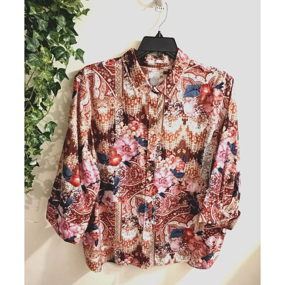 Chicos Shirt Sz 4 (2X) Art To Wear Paisley Mixed Boho Print No Iron 3/4 Sleeves